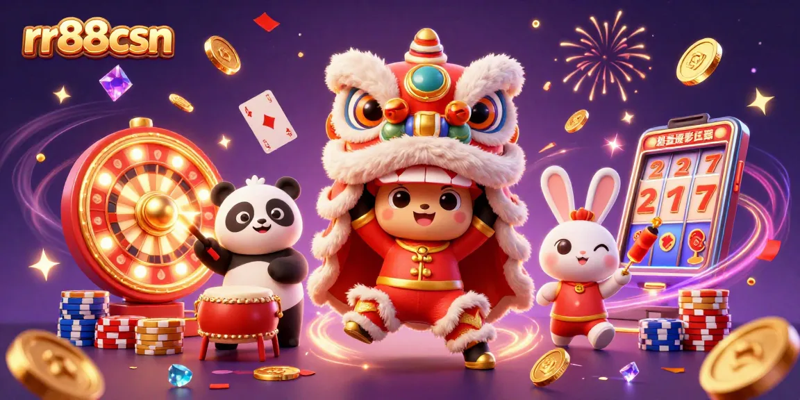 Celebrate wins at rr88csn with vibrant lion dance and cascading casino chips.