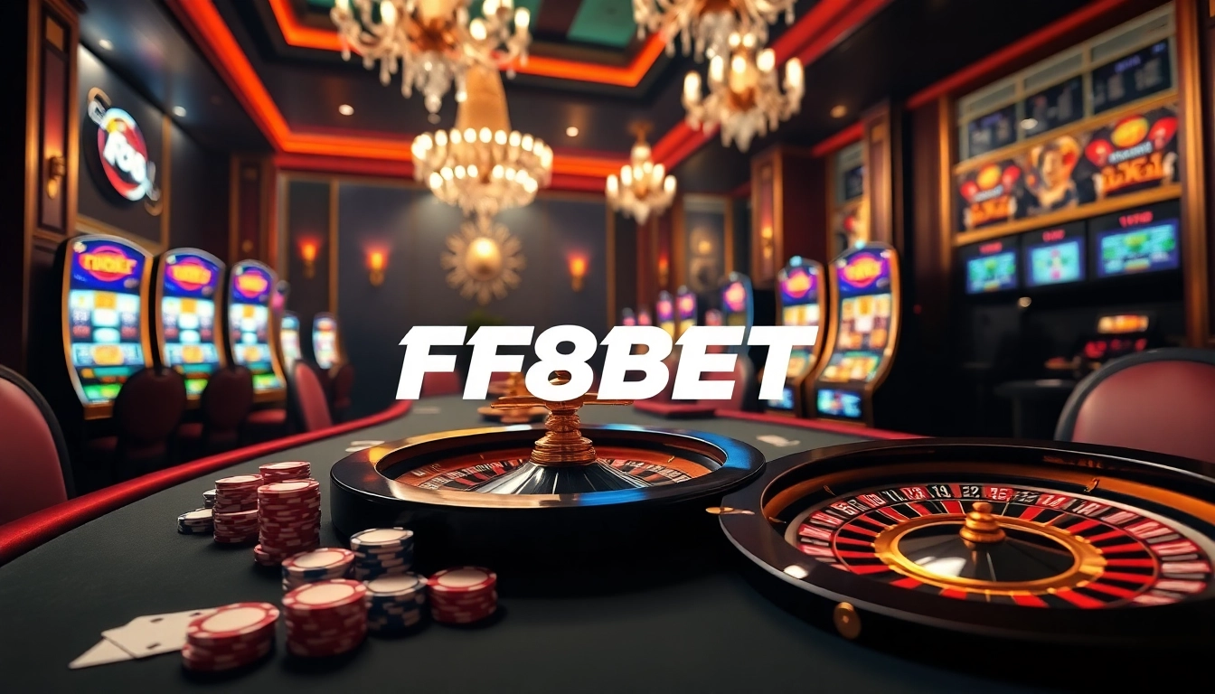 Experience the excitement of F8BET with a luxurious casino scene featuring poker chips and roulette wheels.