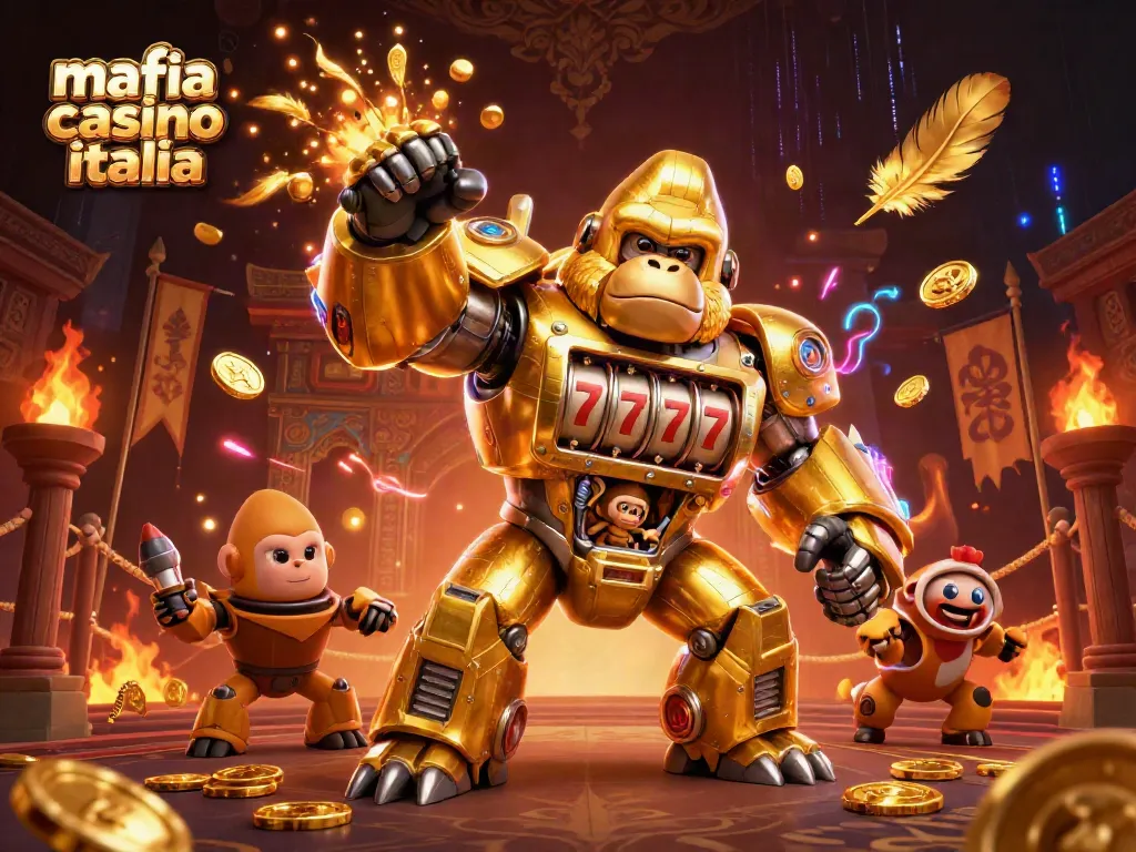 Mafia casino italia comes alive with a golden gorilla mech surrounded by vibrant casino elements.