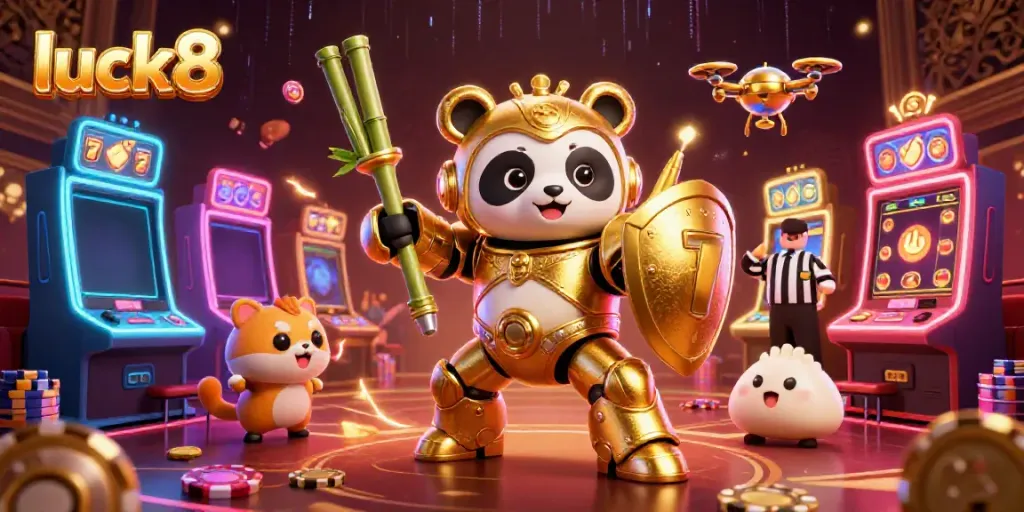 Engage in exhilarating gameplay at luck8 with vibrant slot machines and a golden mech panda.