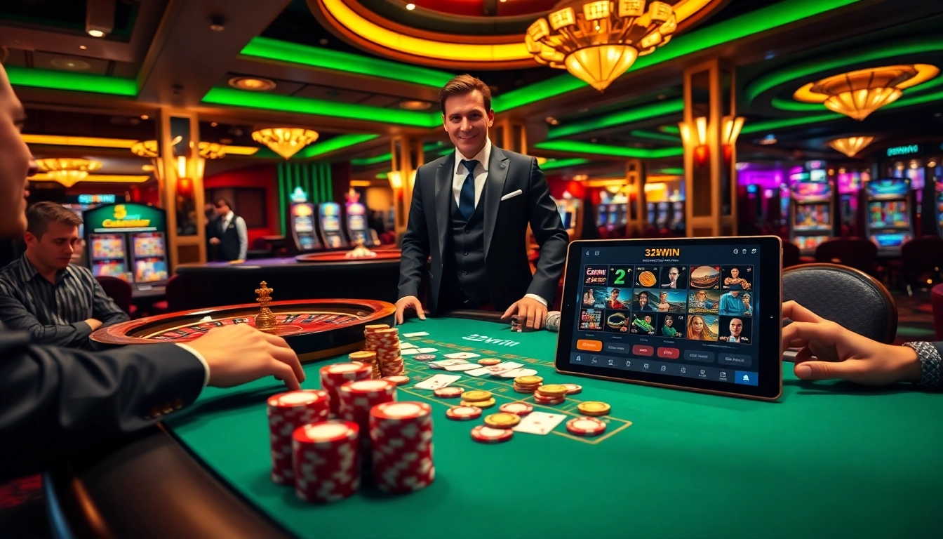 Engage in thrilling gameplay at the 32win casino table with poker chips and cards.