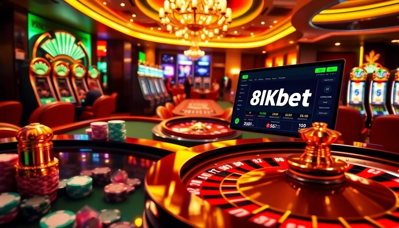 8kbet players enjoying exciting casino games like roulette and slots in a vibrant online setting