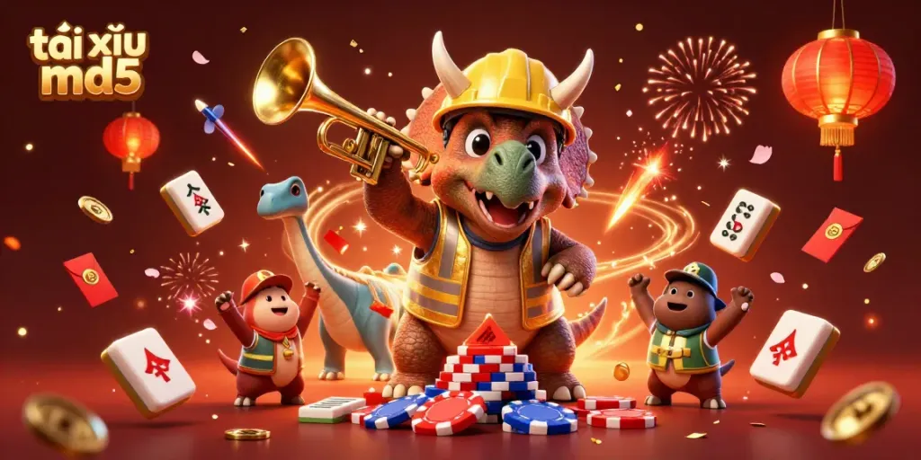Engage in the celebration of tài xỉu md5 with cartoon dinosaurs and festive casino elements.