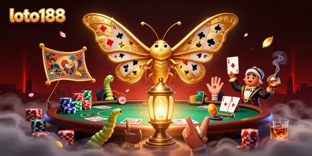 Engage with loto188's vibrant casino dynamics featuring a golden moth and poker elements.